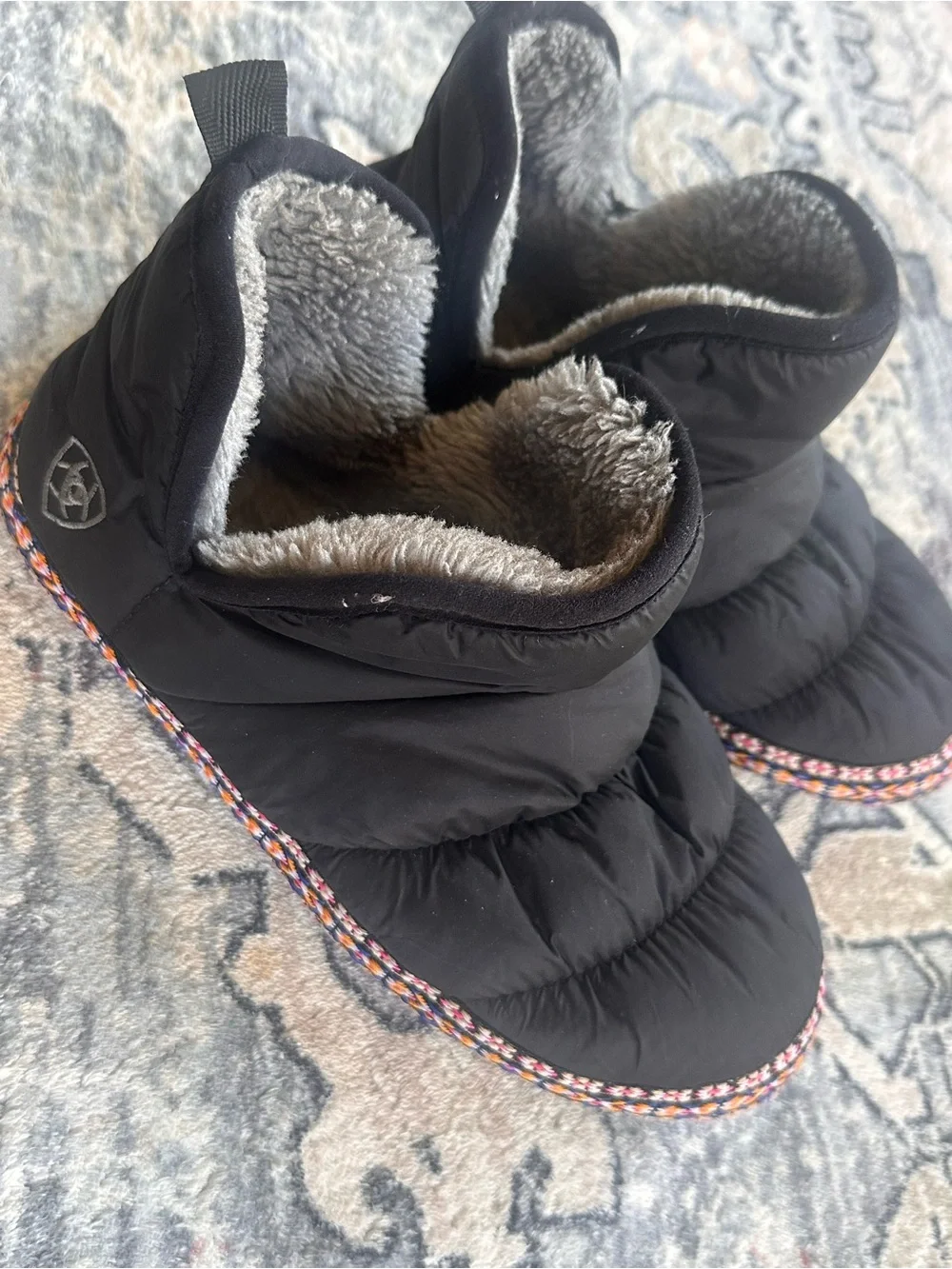 Women’s Ariat Black Puffer Boot Slippers with Cozy Gray Lining